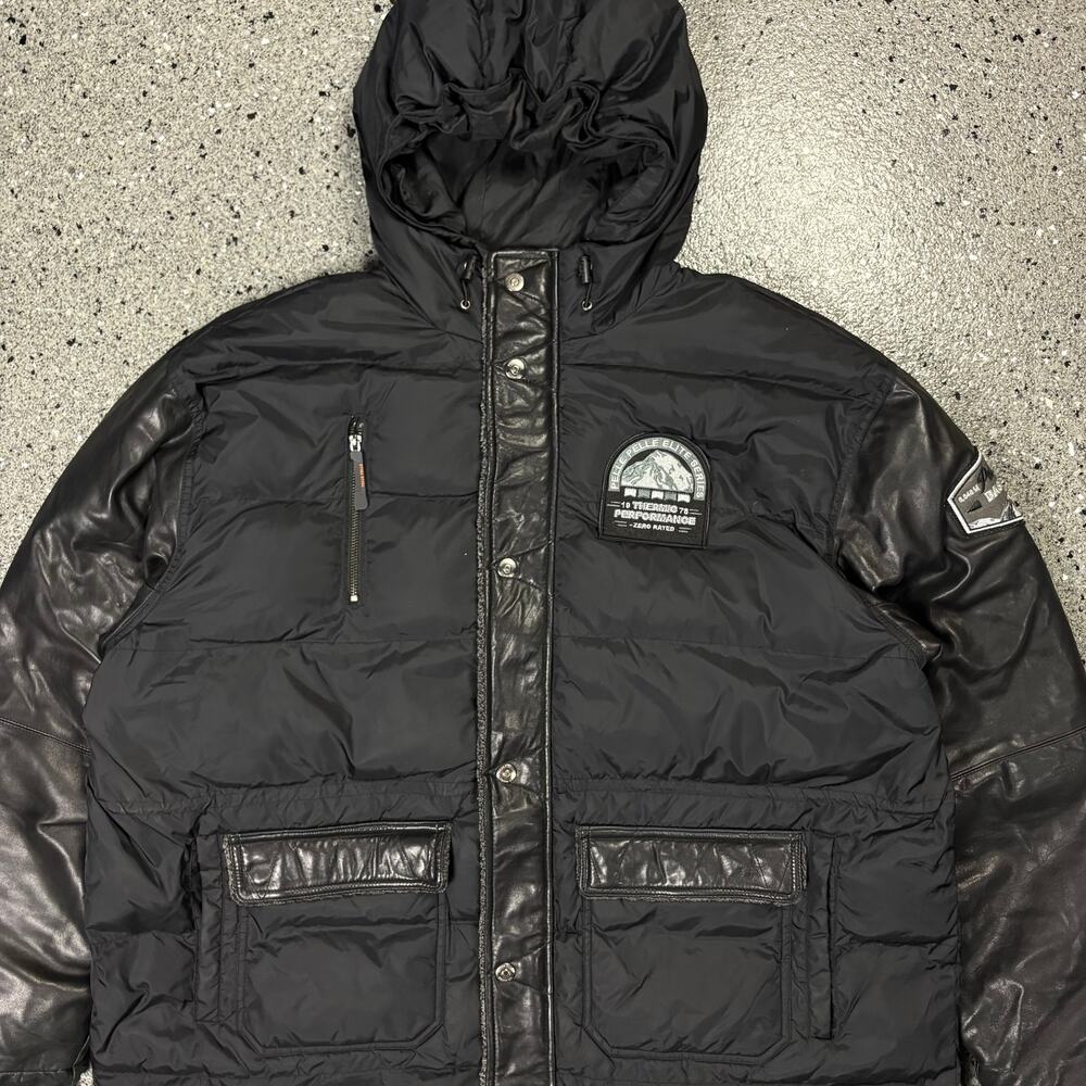 Vintage Y2k Pelle Pelle Marc Buchanan Black Puffer Jacket w/ Leather Sleeves - Picture 2 of 9